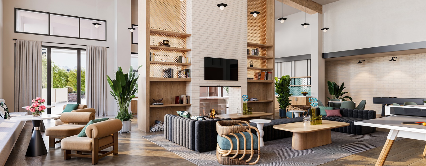 social lounge area with high beams 