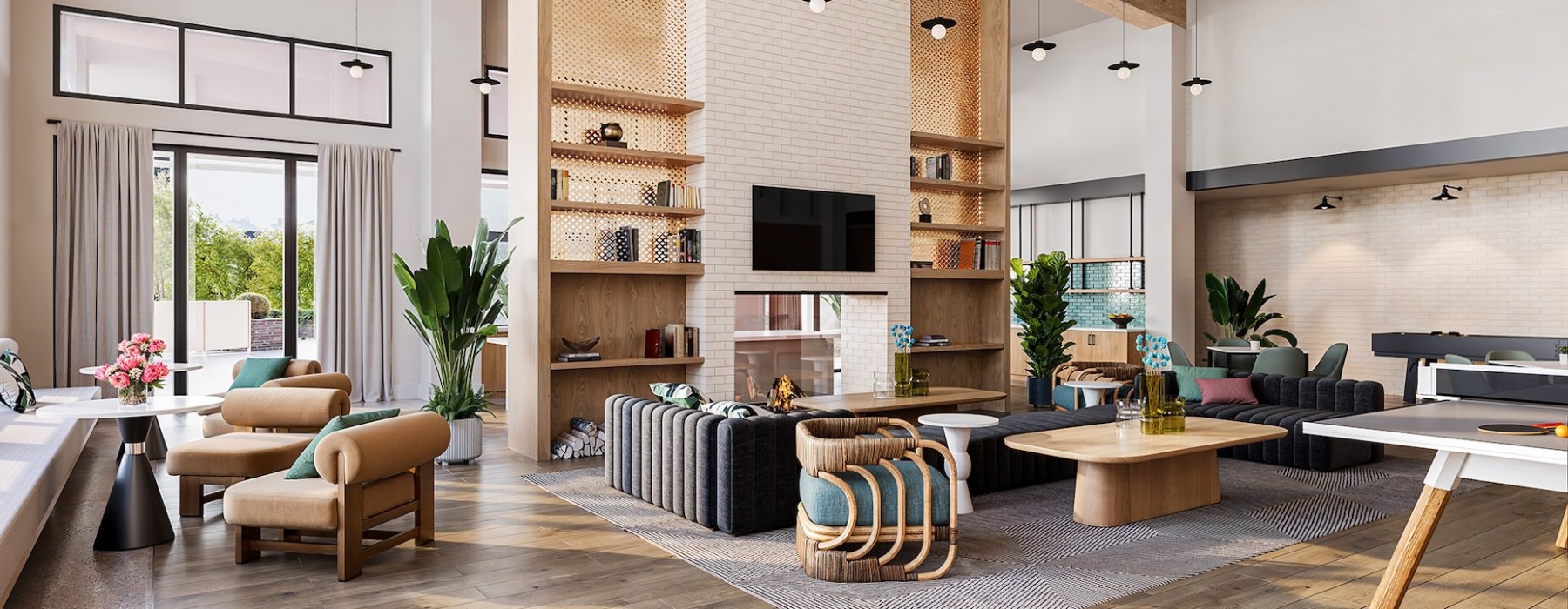 social lounge area with high beams 